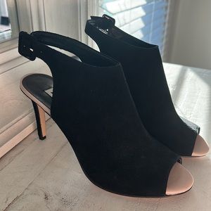 Dune Suede peep toe boot/heels